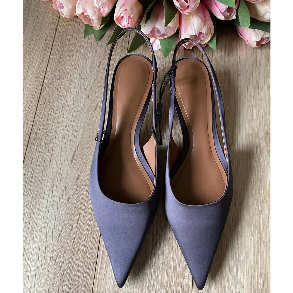 Zara Anthracite Grey Kitten Heel Slingback Pumps Pointed Toe Chic Size 7.5 NWT - Picture 10 of 16